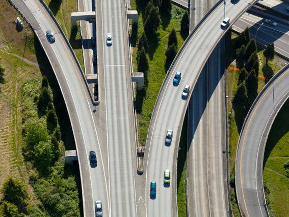 Aerial view of cars driving on freeway