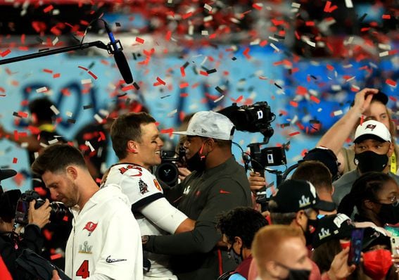 Tampa Bay quarterback Tom Brady celebrates winning the Super Bowl in 2021. (Mike Ehrmann/Getty Images)