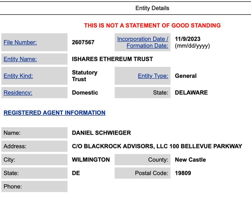 iShares Ethereum Trust Corporate Registration (State of Delaware)