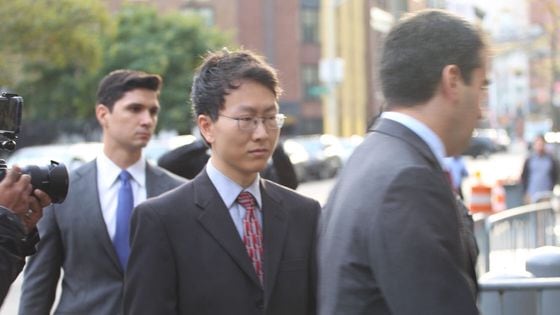 FTX co-founder Gary Wang, center, near the federal courthouse in Manhattan as he was set to testify again on Oct. 10, 2023 (Victor Chen/CoinDesk)