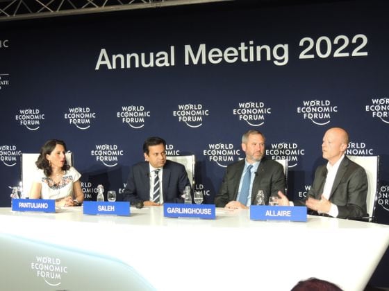 Sara Pantuliano, Asif Saleh, Ripple CEO Brad Garlinghouse and Circle CEO Jeremy Allaire speak at the World Economic Forum's annual meeting in Davos, Switzerland (Nikhilesh De/CoinDesk)