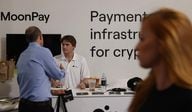 Halsey Huth. works the MoonPay booth at the Bitcoin 2021 Convention. (Joe Raedle/Getty Images)