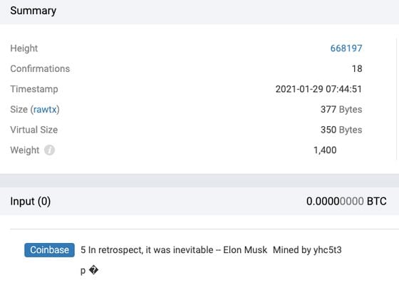 Bitcoin blockchain explorer reveals message encoded into blockchain data block 668197 – quoting Elon Musk's Twitter account.