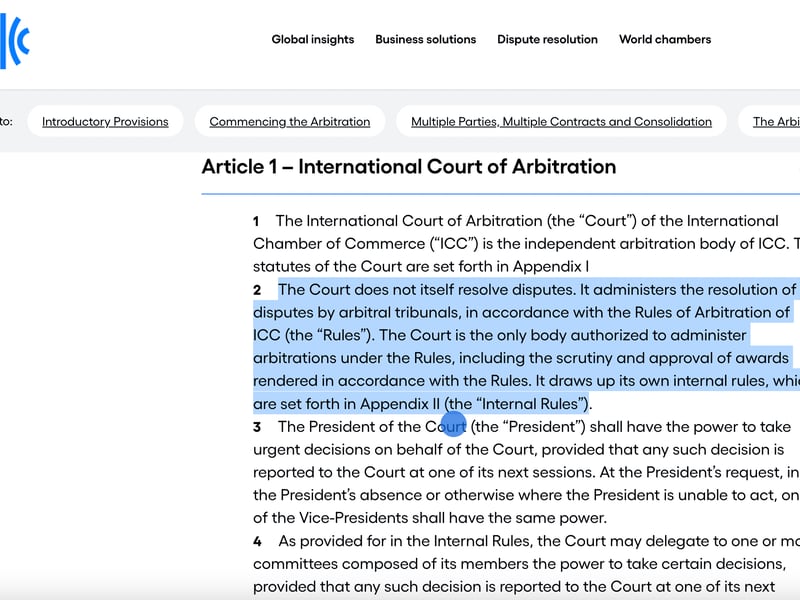 International Court of Arbitration Article 1 about the process of resolving disputes. 
(Screenshot from ICC website)