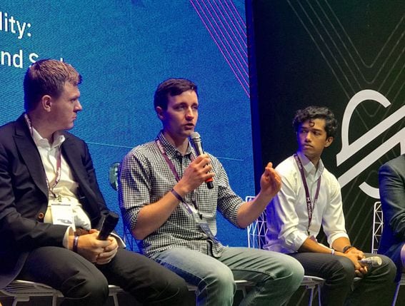 Image from iFrom left to right: Ian McAfee, CEO, Shift Markets; Sergey Yusupov, Apay; and Thomas Scaria, Wyre alum, speaking on a panel at Stellar Meridian 2019