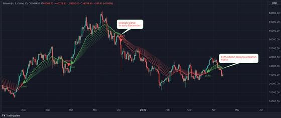 Bitcoin's daily chart with the EMA ribbon (TradingView)