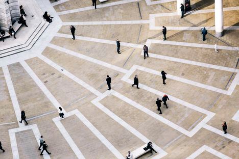 High angle view of pedestrians at Paternoster Square, London, UK