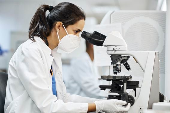 (Female doctor doing research in laboratory)