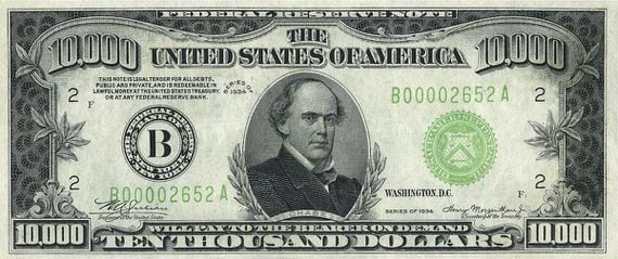 $10,000 dollar bill (not in use today), Series: 1928, 1934, 1934A & 1934B. (Image via Wikimedia Commons)