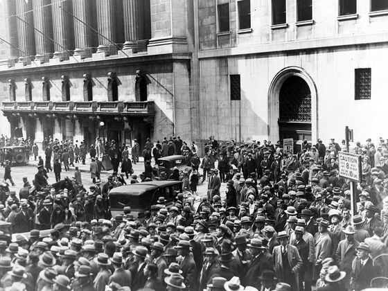 CDCROP: Crowd of people gather outside the New York Stock Exchange following the Crash of 1929 (Library of Congress)