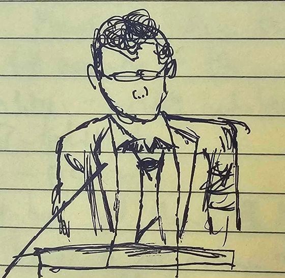 Artist's sketch of former FTX developer Adam Yedidia testifying in court (Nik De for CoinDesk)