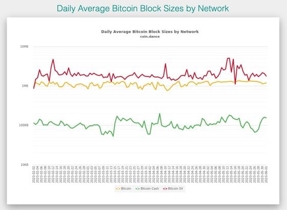 Daily transaction volume on the Bitcoin SV, Bitcoin Cash and Bitcoin blockchains.