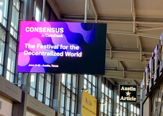 Consensus 2022 signage at Austin-Bergstrom International Airport on Sunday. (Joanne Po/CoinDesk)