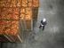 Top view of worker standing by apple fruit crates in organic food factory warehouse.