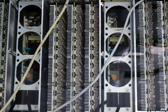 Bitcoin mining ASICs submerged in immersion cooling liquid at a facility in South Spain. (Eliza Gkritsi)