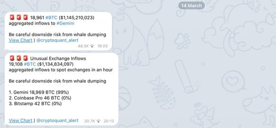 A screenshot of CryptoQuant Alerts Telegram message on March 14