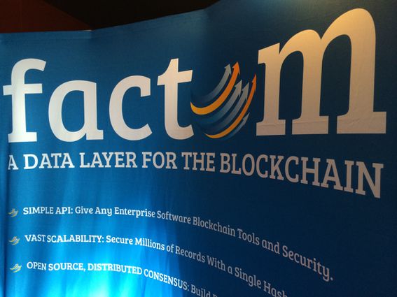 Factom signage at the 2015 North American Bitcoin Conference. (Credit: CoinDesk archives)