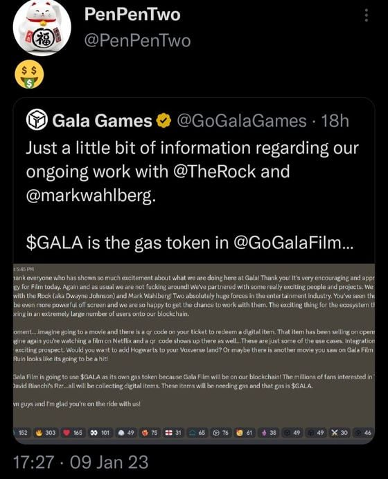 The tweet dated Jan 9 said the blockchain-based gaming platform has partnered with The Rock. (Twitter)