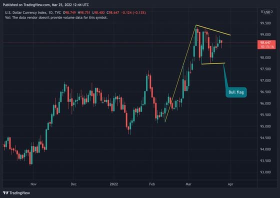 Dollar Index's daily chart showing a bull flag pattern (TradingView)