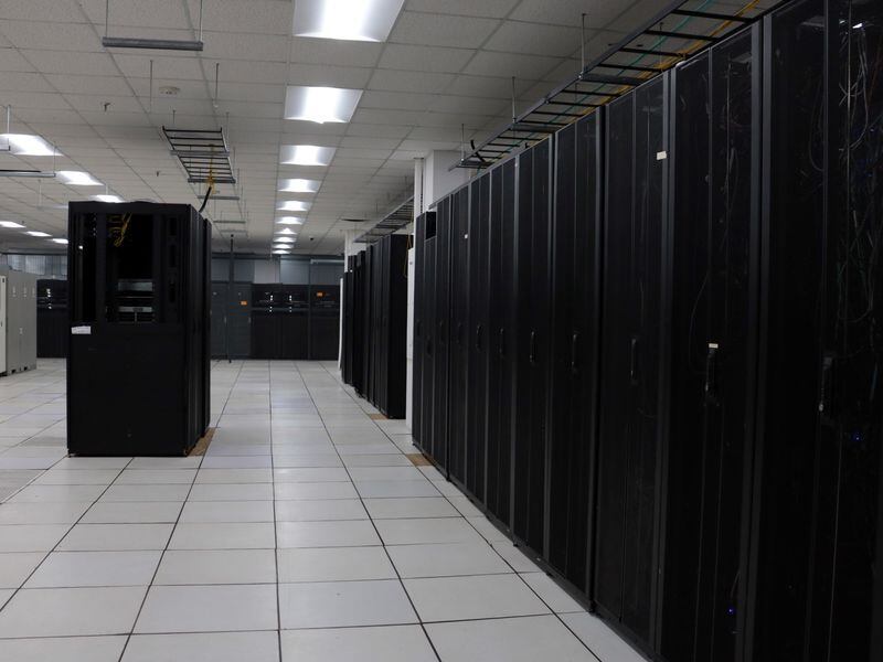 The original data center racks at CleanSpark's facility in College Park, Georgia. (Eliza Gkritsi/CoinDesk)