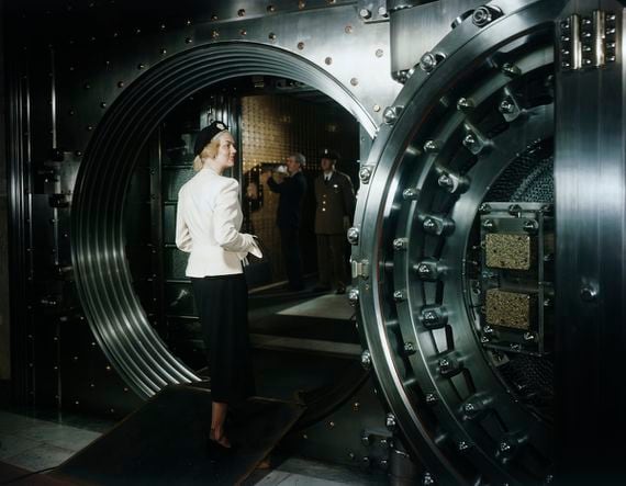 People inside a bank vault, Los Angeles, California, 1950s. 