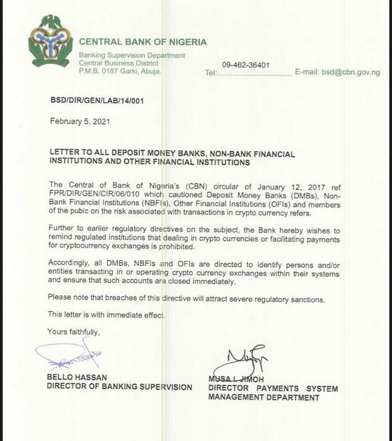 Letter issued by the Central Bank of Nigeria on Feb. 5, 2021
