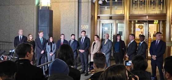 Prosecutors outside the courthouse where Sam Bankman-Fried was convicted on Nov. 2, 2023. (Nik De/CoinDesk)