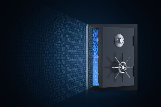 Open digital vault with binary code emanating