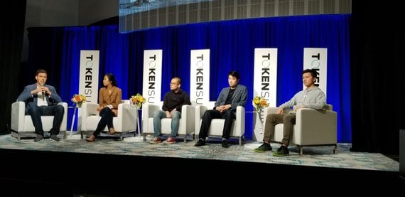 The Asian Crypto Landscape panel at Token Summit III in NYC. Left to right: Nick Tomaino (1Protocol), Vansa Chatikavanij (OmiseGo), Gordon Chen (FBG), Jason Fang (Sora Ventures) and  Zhuling Chen (Aelf)
