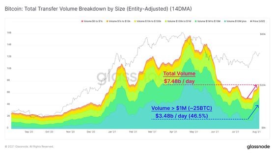 Bitcoin: Total transfer volume breakdown by size (entity-adjusted))