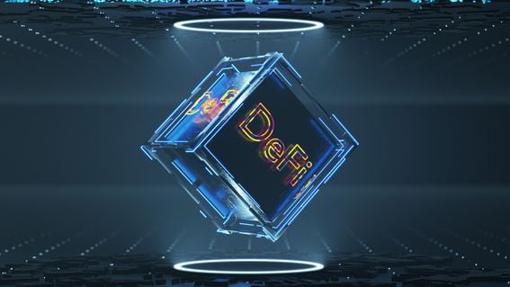 DeFi decentralized finance on a dark blue abstract cube. Blockchain concept, decentralized financial system. 3d rendering (Getty Images)