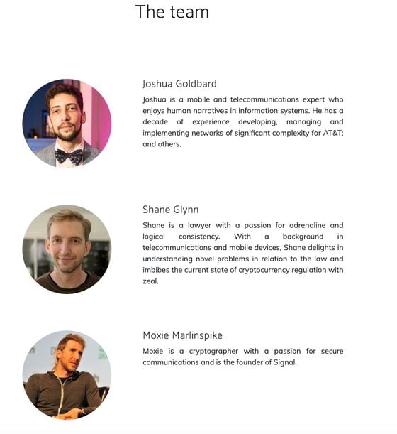 A screenshot of MobileCoin’s website frontpage on Dec. 18, 2017. Marlinspike is listed as a team member until May 2018.
