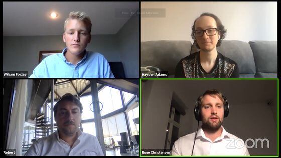 Will Foxley, Hayden Adams, Rune Christensen and Robert Leshner (clockwise from upper left) discuss DeFi on CoinDesk Live. (Screenshot)