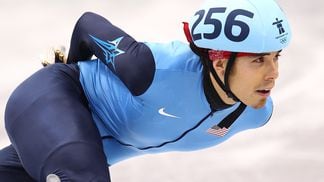 VANCOUVER, BC - FEBRUARY 24:  Apolo Anton Ohno of the United States competes in the Short Track Speed Skating Men's 500m heat on day 13 of the 2010 Vancouver Winter Olympics at Pacific Coliseum on February 24, 2010 in Vancouver, Canada.  (Photo by Jamie Squire/Getty Images)