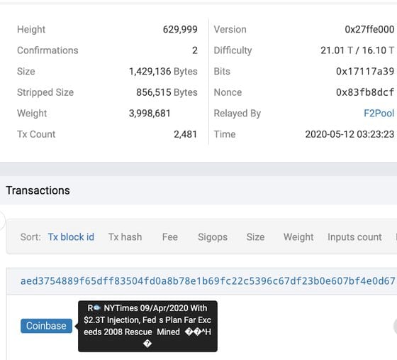 Record of block 629,999 on Bitcoin blockchain