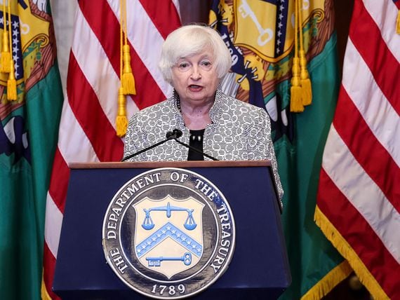 U.S. Treasury Secretary Janet Yellen at Thursday's press conference discussing GDP data. (Win McNamee/Getty Images)