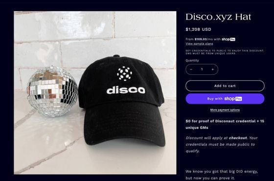 Disco.xyz hat sale listing for $1208