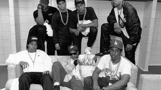 N.W.A. BRap group N.W.A. pose with rappers The D.O.C. and Laylaw from Above The Law during their "Straight Outta Compton" tour in 1989. (Raymond Boyd/Michael Ochs Archives/Getty Images)