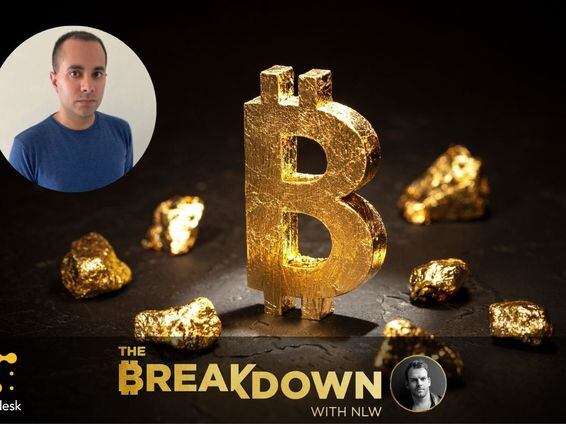 Bitcoin symbol made of gold with gold nuggets around it, as today’s discussion with author Nik Bhatia centers around monetary history leading to Bitcoin, as a better form of gold.