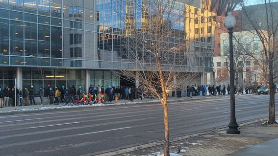The registration line for ETHDenver stretches down the block on Thursday, February 17, 2022 (David Z. Morris/CoinDesk)