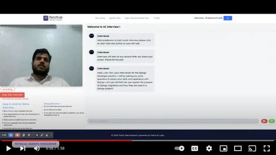 Screenshot from Fetch Recruitment demo video purporting to show an AI agent doing a job interview (Fetch.AI)