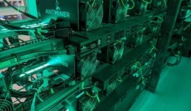Antminer bitcoin mining rigs displayed at Consensus 2021 (Christie Harkin/CoinDesk)
