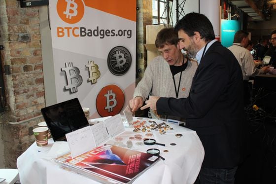  Physical bitcoins and badges on sale at the conference.