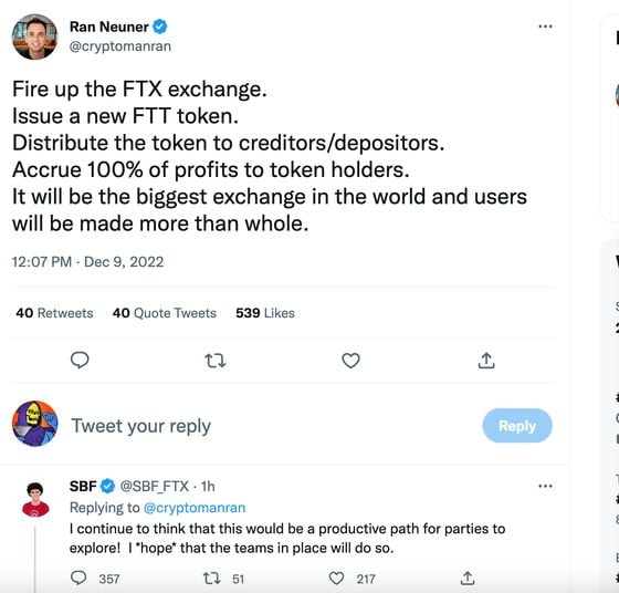 Sam Bankman Fried came out in support of an exchange revival plan proposed by crypto influencer Ran Neuner.