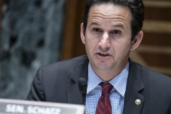 Senator Brian Schatz, a Democrat from Hawaii and chairman of the Senate Appropriations Subcommittee on Transportation, Housing and Urban Development, speaks during a hearing in Washington, D.C., U.S., on Thursday, May 13, 2021. The hearing is looking in to rethinking disaster recovery and resiliency, focusing on protecting our nation's transportation systems.