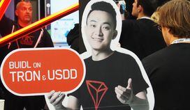 CDCROP: A cardboard cutout of Tron founder Justin Sun (Danny Nelson/CoinDesk)