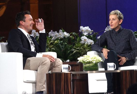 Jimmy Fallon and Ellen DeGeneres appear on the "The Ellen DeGeneres Show" in 2015. (Laura Cavanaugh/FilmMagic via Getty Images)