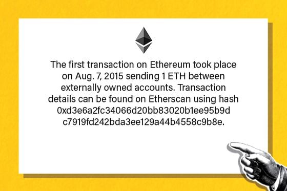 The first transaction on Ethereum took place on Aug. 7, 2015, sending 1 ETH between externally owned accounts. Transaction details can be found on Etherscan using hash 0xd3e6a2fc34066d20bb83020b1ee95b9dc7919fd242bda3ee129a44b4558c9b8e.