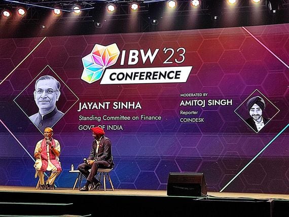 Jayant Sinha, Chair of the standing committee on Finance in the Indian Parliament speaking at India Blockchain Week in Bengaluru. Dec. 7, 2023. (Allan Christian/CoinDesk)