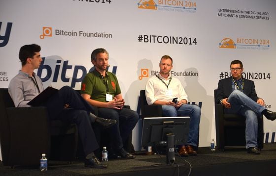 Pelle Braendgaard, second from left, at an early Bitcoin conference. He now leads compliance vendor Notabene. (CoinDesk archive)